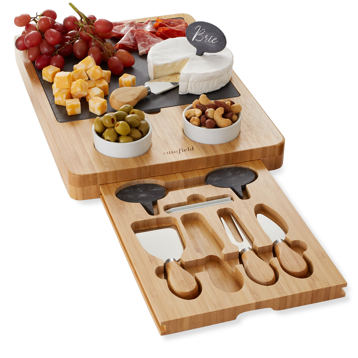 Casafield Bamboo Cutting Board Set with Food Storage Trays and Lids, Brown