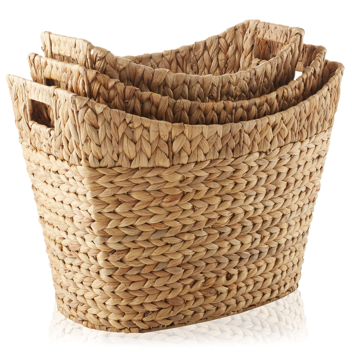 Set of 3 Water Hyacinth Oval Baskets with Handles