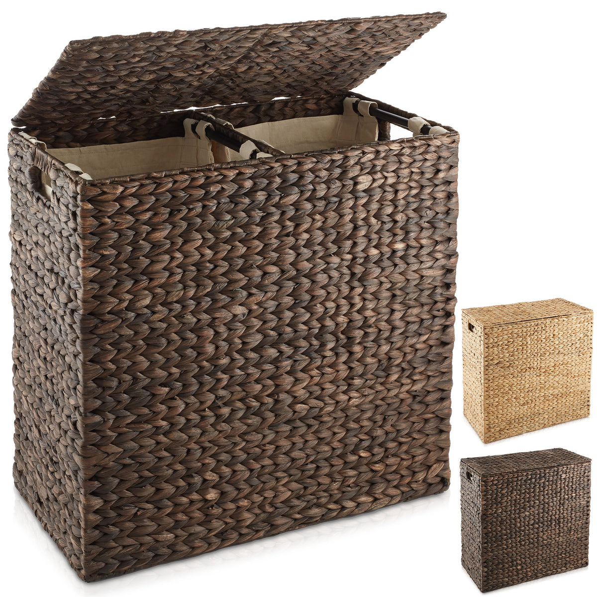 2-Section Laundry Hamper Basket with Lid and Removable Liner Bags ...